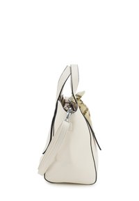 White textured leather handbag with black edging, featuring double handles and a detachable shoulder strap, accented with a patterned scarf inside.