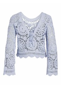 Blouse en dentelle crochet lavande claire avec manches longues, bords festonnés, motifs floraux circulaires, et un nœud à l'avant au niveau de l'encolure en V.