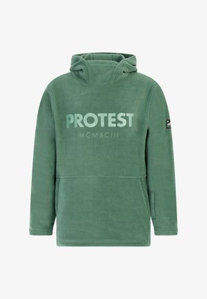 Groene fleece hoodie met een buidelzak en logo, gecombineerd met zwarte en groene snowboardbroeken met een oranje rits en een losse pasvorm.