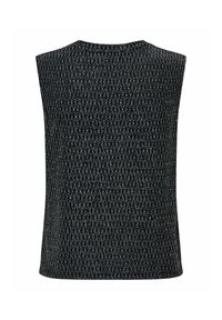 Czarna, bezrękawnikowa bluzka z teksturowanym wzorem, na którym znajdują się pionowe srebrne linie. Okrągły dekolt, prosty krój bez widocznych szwów.