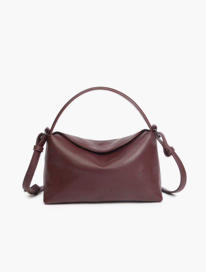 Dark brown leather handbag with a single top handle and an adjustable shoulder strap against a white background.