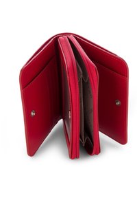 Portafoglio in pelle rossa con multiple scomparti, chiusura a scatto, slot per carte e una sezione con zip. Texture liscia con finitura lucida.