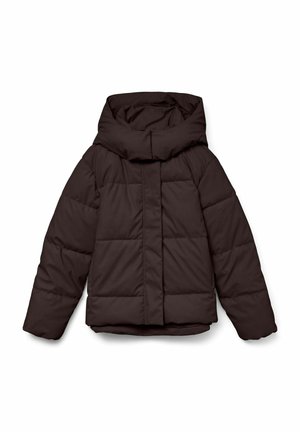 Brun puffjacka med huva, med en boxig design och synliga quiltade mönster. Tillverkad av ett slätt material med en matt yta.