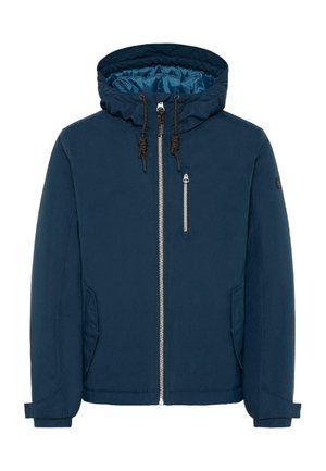 Chaqueta con capucha de color azul marino, con cremallera frontal, bolsillo con cremallera en el pecho, bolsillos laterales y puños ajustables.