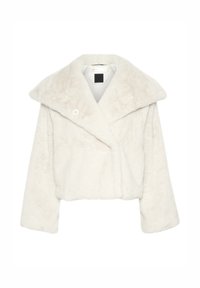 Vit faux fur kort jacka med breda slag, knappstängning framtill och en mjuk, texturerad yta. Har långa ärmar och en avslappnad design.