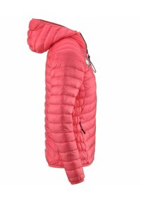 Giacca puffy leggera con cappuccio in un vivace rosa. Presenta un design trapuntato, polsini elasticizzati e un cordino regolabile al collo.