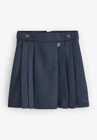 Gonna plissettata blu navy realizzata in tessuto morbido, con un cinturino dotato di due bottoni laterali e un dettaglio a forma di cuore sul davanti.