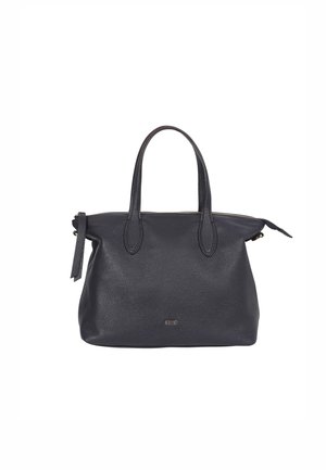 Dark navy leather tote bag with two handles, zip closure, and a textured surface. Features subtle branding on the front.