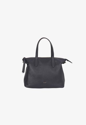 Dunkelblaues Leder-Shopper mit zwei Griffen, Reißverschluss und strukturiertem Oberflächen. Merkmale dezente Markenkennzeichnung auf der Vorderseite.