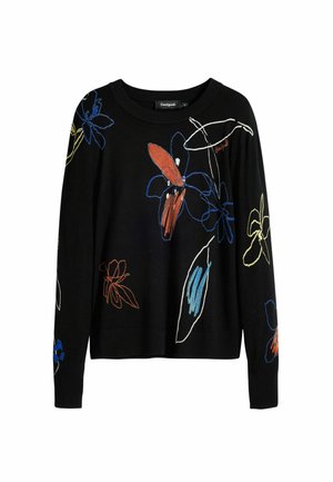 Schwarzer Pullover mit buntem floralem Stickmuster in Rot, Blau, Gelb und Orange. Rundhalsausschnitt, lange Ärmel und gerippter Saum.