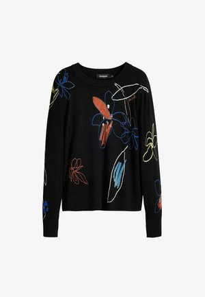 Must must, millel värvilise lille tikandiga punase, sinise, kollase ja oranži värviga. Ümmargune kaelus, pikad varrukad ja soonikkoes ääreyes.