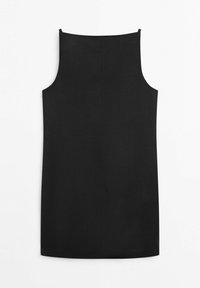 Robe noire sans manches en ligne A avec fines bretelles, ourlet droit et coutures minimales, présentée à plat sur un fond blanc.