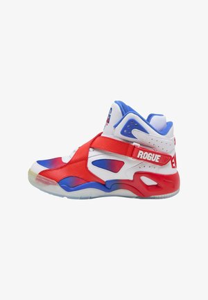 Hoge sportieve schoenen met een rood, wit en blauw kleurenschema. Gemaakt van synthetisch leer, met een klittenbandsluiting en netdetails.