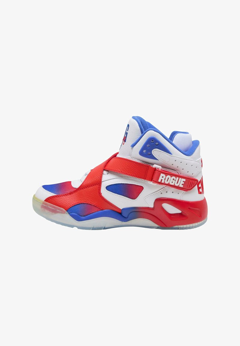 Adidași înalți sportivi cu o schemă de culori roșu, alb și albastru. Fabricati din piele sintetică, având o fâșie cu velcro și detalii din plasă.