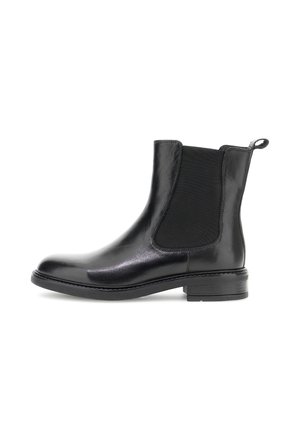 Botas de tobillo de cuero negro con paneles laterales elásticos, punta redondeada y un tacón bajo. Acabado liso y tira en el talón.