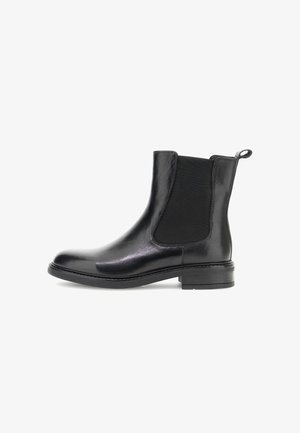 Boots negri din piele, până la gleznă, cu panouri laterale elastice, vârf rotunjit și toc mic, pătrat. Finisaj neted și mânere de prindere la toc.