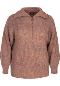 Maglione oversize in un morbido colore rosa pallido. Presenta un colletto, una zip frontale a metà e un tessuto a coste strutturato.