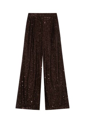 Pantalons amples en sequins marron avec une taille haute, présentant une surface texturée qui reflète la lumière et une coupe décontractée.