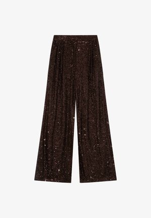 Pantalons amples en sequins marron avec une taille haute, présentant une surface texturée qui reflète la lumière et une coupe décontractée.
