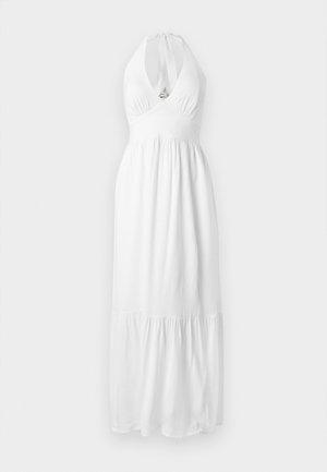 White halter maxi dress with a deep V-neckline, fitted bodice, and flowing skirt. Made of lightweight fabric, features a gathered bottom.