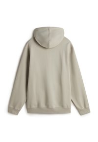 Lichtbeige hoodie gemaakt van zachte stof. Heeft een capuchon, lange mouwen en ribgebreide manchetten en zoom. Soepele textuur, minimalistisch ontwerp.