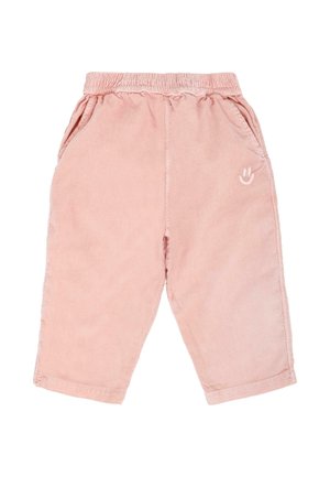 Pantalons en velours côtelé rose avec une taille élastique, des poches latérales et un petit détail brodé de smiley à l'avant.
