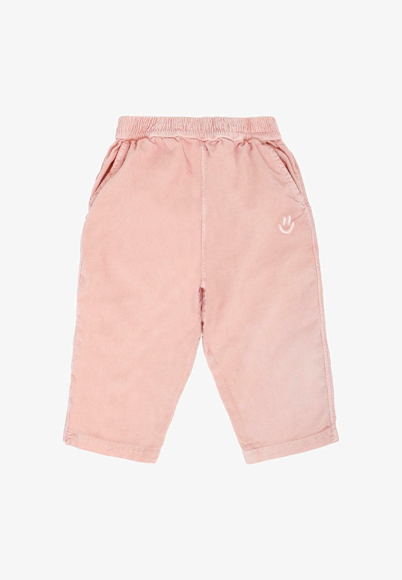 Roze corduroy broeken met een elastische tailleband, zijzakken en een klein geborduurd smiley detail aan de voorkant.