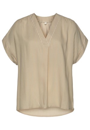 Beige Bluse mit kurzen Ärmeln, V-Ausschnitt und sanften vertikalen Streifen. Leichter Stoff mit abgerundetem Saum und subtiler Schimmer.