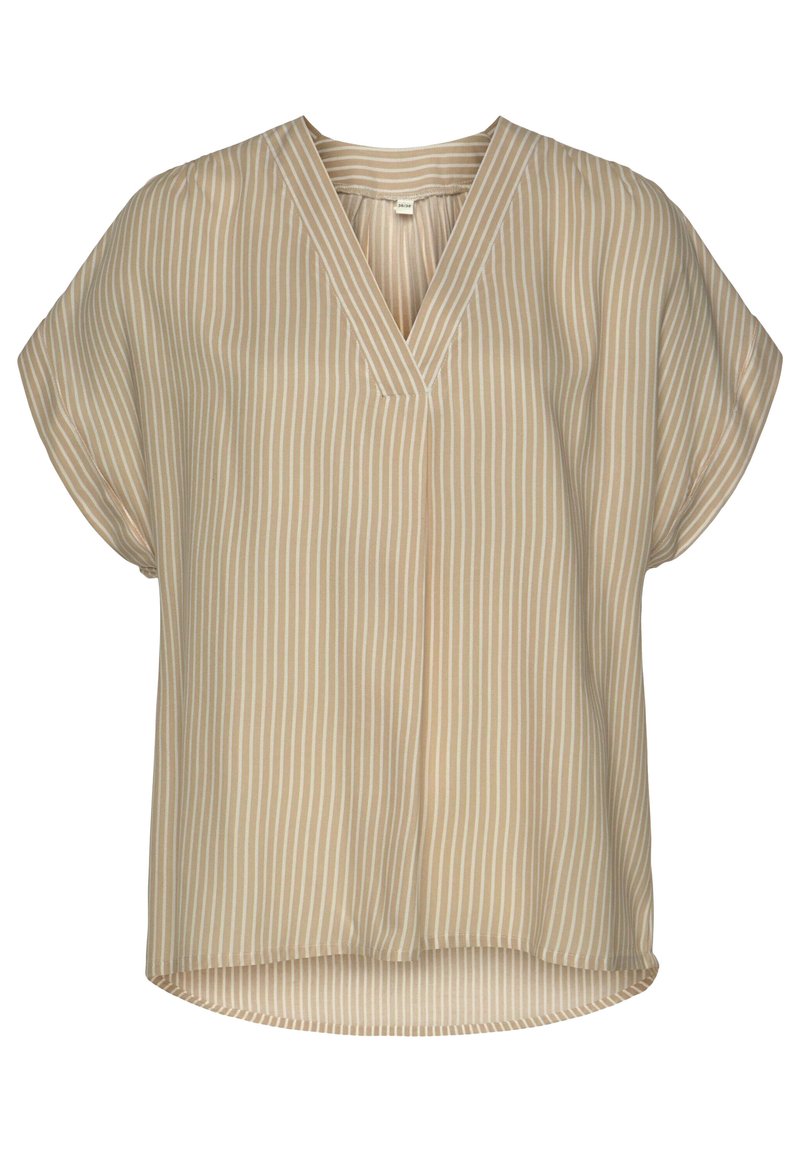 Beige Bluse mit kurzen Ärmeln, V-Ausschnitt und sanften vertikalen Streifen. Leichter Stoff mit abgerundetem Saum und subtiler Schimmer.