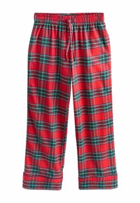 Røde ternede pyjamasbukser med elastisk talje, snor og grønne detaljer. Blødt stof, løs pasform, prydet med et mønster af tern.