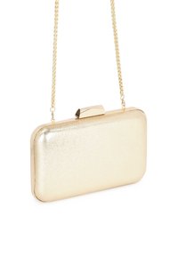 Gold clutch purse with a textured exterior. Features a sleek rectangular shape, chain strap, and a clasp closure on top.