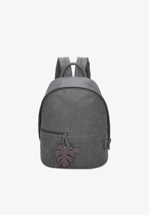 Grauer Kunstleder-Rucksack mit abgerundeter Form, einem Reißverschluss-Vorderfach und einem blattförmigen Reißverschluss-Zipper-Akzent. Zweifache Schulterriemen.