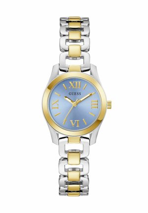 Gold and silver metal wristwatch with a round blue dial, Roman numerals, and a two-tone linked band. Features a gold bezel and crown.