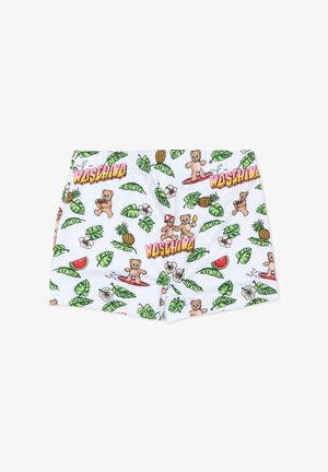 Pantalones cortos blancos con estampado colorido de ositos de peluche surfeando y sosteniendo helados, hojas tropicales, piñas, sandía y el texto "Moschino".