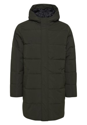 Dunkelgrüne Steppjacke mit Kapuze, vertikalen Nähten, Frontreißverschluss und mittellangem Design für zusätzlichen Wärme. 