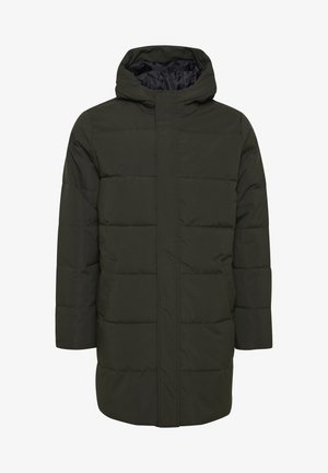 Dark green puffer coat with a hood, features vertical stitching, front zipper, and a mid-length design for added warmth.