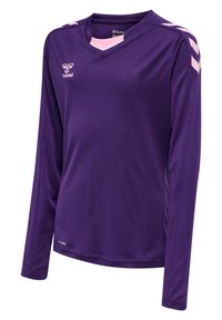 Paarse longsleeve sportshirt met een V-hals, roze accenten op de kraag en schouders, gemaakt van glad, ademend materiaal.