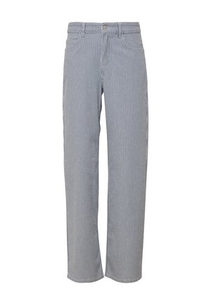 Spodnie w szerokie nogawki w niebiesko-białe paski. Wykonane z lekkiego materiału o gładkiej teksturze, z zapięciem na guziki z przodu i kieszeniami.