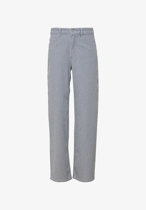 Spodnie w szerokie nogawki w niebiesko-białe paski. Wykonane z lekkiego materiału o gładkiej teksturze, z zapięciem na guziki z przodu i kieszeniami.