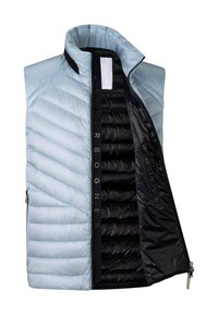 Hellblaue gesteppte Weste mit Steppdesign, hohem Kragen und schwarzem Innenfutter. Mit Reißverschluss und Logodetail entlang der Kante.