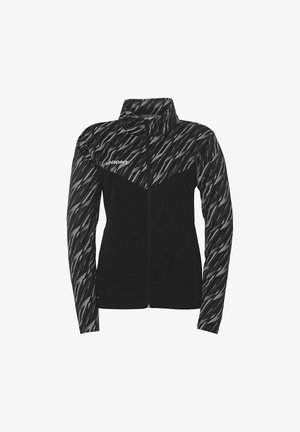 Sort fleecejakke med høj krave, med et geometrisk mønster i sort og grå på den øverste del og lange ærmer. Med lynlås foran.