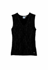 Zwarte mouwloze top met een V-hals, voorzien van een bloemachtig textuurpatroon en een klein logo-detail aan de zoom. Zacht materiaal.