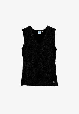 Zwarte mouwloze top met een V-hals, voorzien van een bloemachtig textuurpatroon en een klein logo-detail aan de zoom. Zacht materiaal.