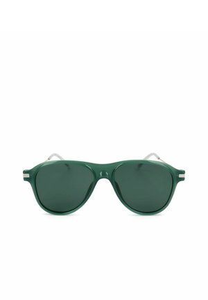 Occhiali da sole verde scuro con montature quadrate arrotondate e lenti leggermente colorate, mostrati frontalmente su sfondo bianco.
