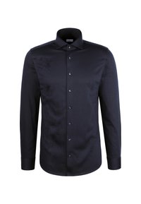 Chemise noire à manches longues avec boutons sur le devant et col pointu, présentée sur un fond blanc uni.