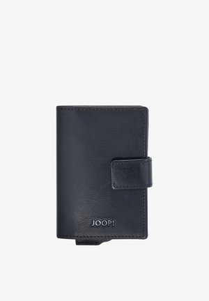Cartera de cuero negra con cierre de presión y logo "JOOP!" en relieve en la parte frontal.