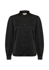 Blusa di seta nera con colletto arricciato, chiusura frontale con bottoni e maniche lunghe con dettagli ai polsini. Tessuto liscio con leggera lucentezza.