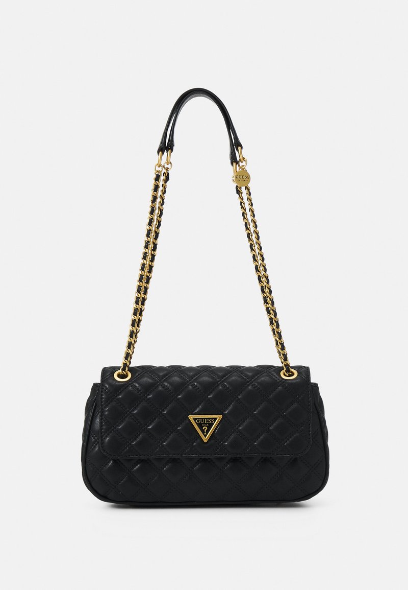 Black quilted handbag with a gold chain strap. Features a triangular logo on the front and a sleek design. Material appears smooth and durable.