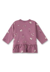Langarmshirts aus lila Baumwolle mit einem Rüschen Saum. Es hat ein bedrucktes Design von Regenschirmen, Wolken und fliegenden Vögeln in kontrastierenden Farben.