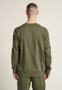 Felpa in cotone verde oliva con maniche lunghe. Presenta un colletto a girocollo a costine e strisce a zigzag verde scuro a contrasto lungo le maniche.